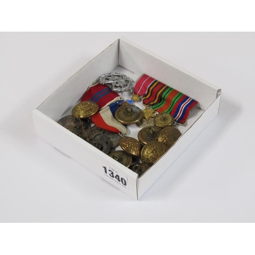 1340 - COLLECTION OF MILITARY UNIFORM GILT METAL BUTTONS; BAR OF FOUR MINIATURE WW2 MEDALS; 1953 CORONATION... 