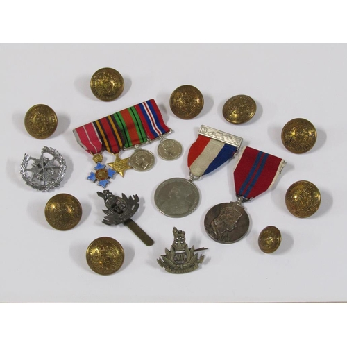 1340 - COLLECTION OF MILITARY UNIFORM GILT METAL BUTTONS; BAR OF FOUR MINIATURE WW2 MEDALS; 1953 CORONATION... 