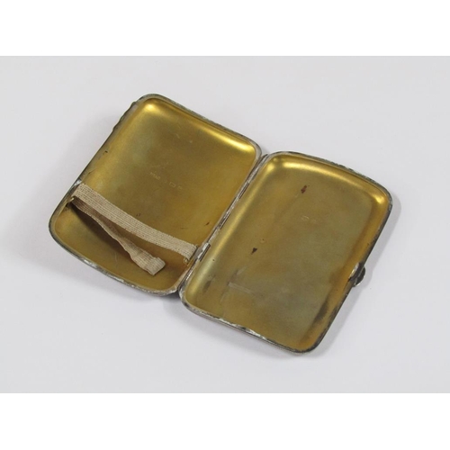 1343 - SILVER CHASED CURVED CIGARETTE BOX OF GILT INTERIOR, 12.5CM L