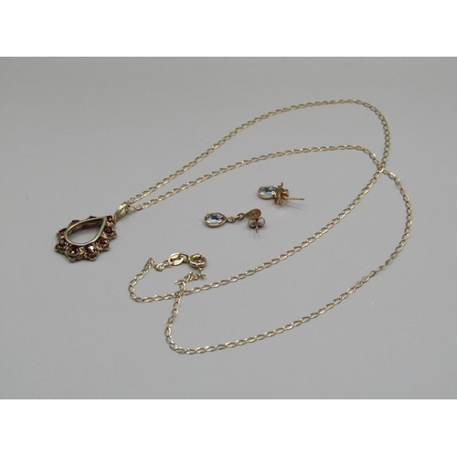 1357 - GOLD CHAIN WITH STONE SET HEART SHAPED PENDANT TOGETHER WITH PAIR OF EARRINGS