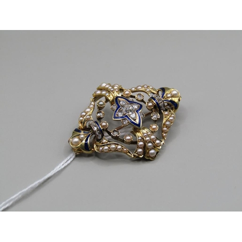 1359 - GOLD DIAMOND AND SEED PEARL SET BROOCH