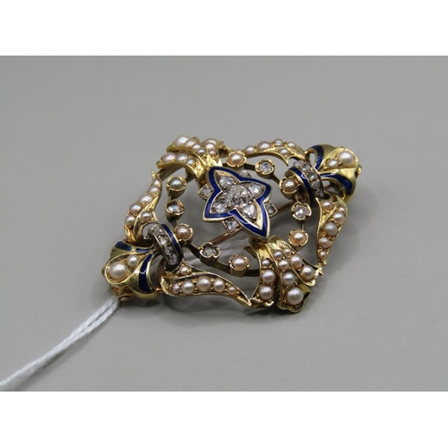 1359 - GOLD DIAMOND AND SEED PEARL SET BROOCH