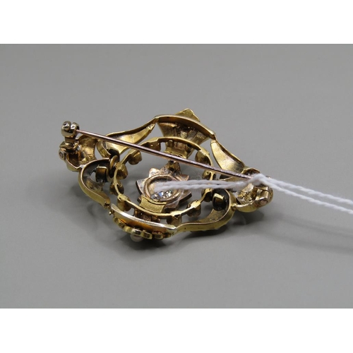 1359 - GOLD DIAMOND AND SEED PEARL SET BROOCH