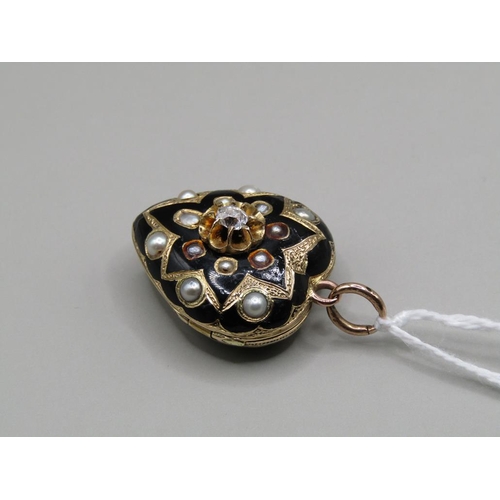 1360 - GOLD BLACK ENAMEL PEARL AND DIAMOND SET HEART SHAPED MEMORIAM PENDANT