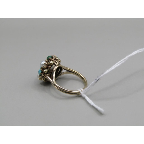 1362 - GOLD TURQUOISE AND PEARL SET CUSHION RING SIZE M