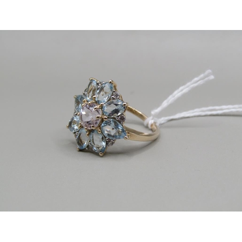 1448 - GOLD LARGE AQUAMARINE AND KUNZITE RING, SIZE P 1/2