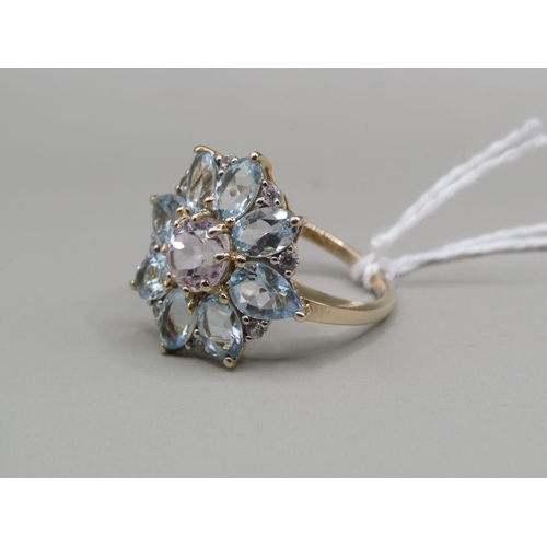 1448 - GOLD LARGE AQUAMARINE AND KUNZITE RING, SIZE P 1/2