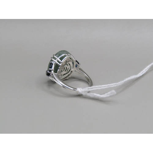 1449 - SILVER TYPE A JADE & SAPPHIRE RING, SIZE N 1/2