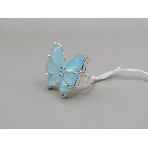 1458 - LARGE SILVER CHALCEDONY BUTTERFLY RING, SIZE P 1/2