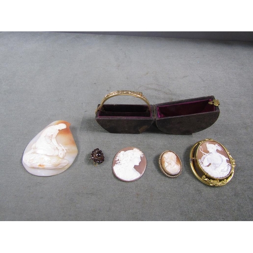 1419 - TWO UNMOUNTED SHELL CAMEOS; GILT METAL BRACELET; GARNET SET FOB