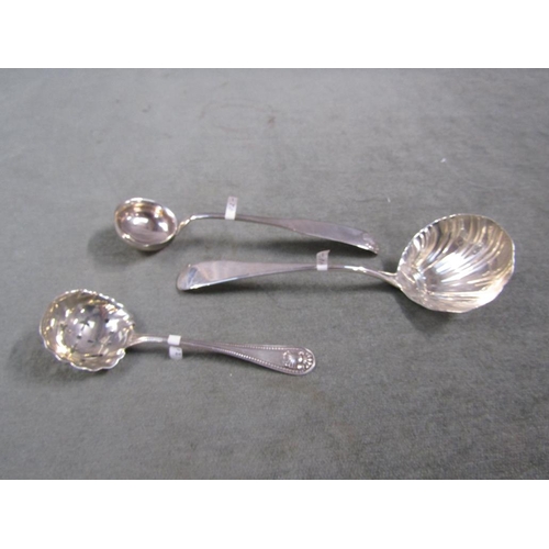 1428 - TWO SILVER LADLES; SIFTING SPOON