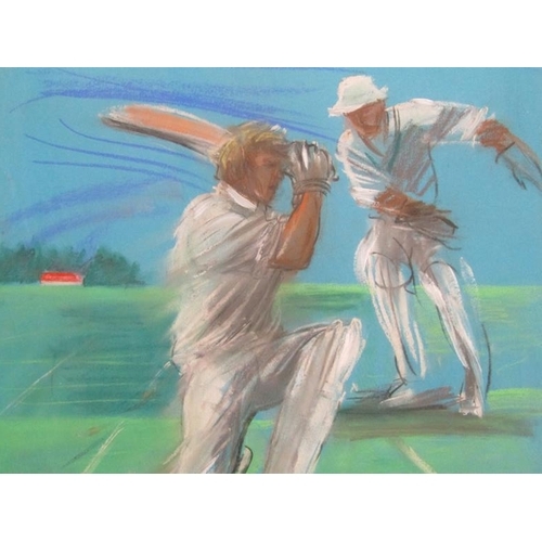 1119 - FRAMED PASTEL CRICKETERS BY CHARLOTTE FAWLEY TOGETHER WITH FOUR MISC. F/G PRINTS