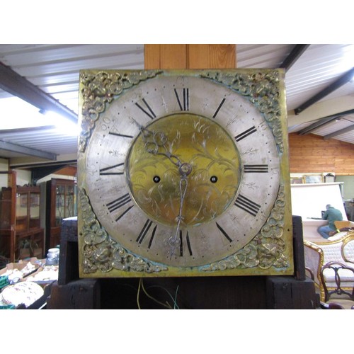 1193 - LONGCASE CLOCK WITH BRASS DIAL AND CARVED OAK CASE