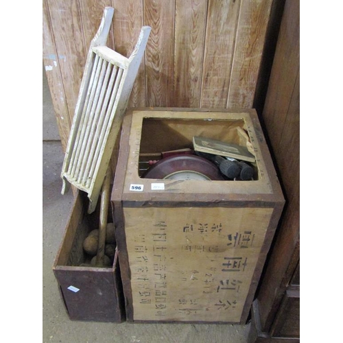 596 - TEA CRATE AND CONTENTS; BATH RAIL; MALLET ETC