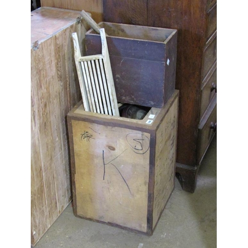 596 - TEA CRATE AND CONTENTS; BATH RAIL; MALLET ETC