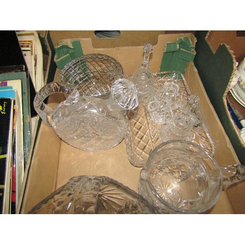 205 - BOX OF CRYTSAL GLASS, BASKETS, DECANTERS ETC