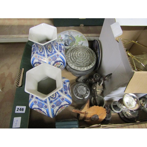 246 - BOX OF MISC TO INCL ORIENTAL VASES, SILVER PLATE ETC