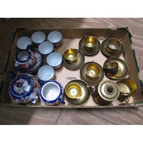 279 - BOX OF TEAWARES TO INCL PERSIAN BRASS