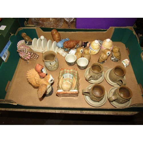 307 - BOX OF OWL ORNAMENTS AND STUDIO POTTERY CUPS AND SAUCERS