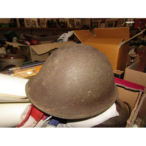 314 - BOX; AMERICAN FLAG TIN HELMETS, MAPS  ETC.