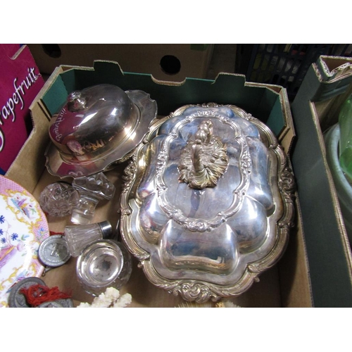 315 - BOX; SILVER PLATED TUREENS AND COVERS, MUFFIN DISH, NORITAKE DRESSING TABLE SET ETC.