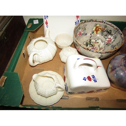 351 - IRRIDESCENT ART POTTERY VASES, BELLEEK TEAWARES ETC.