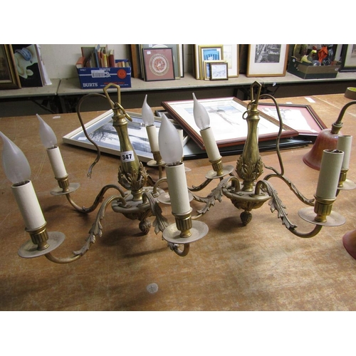 347 - PAIR OF GILT METAL FIVE BRANCH CEILING LIGHTS