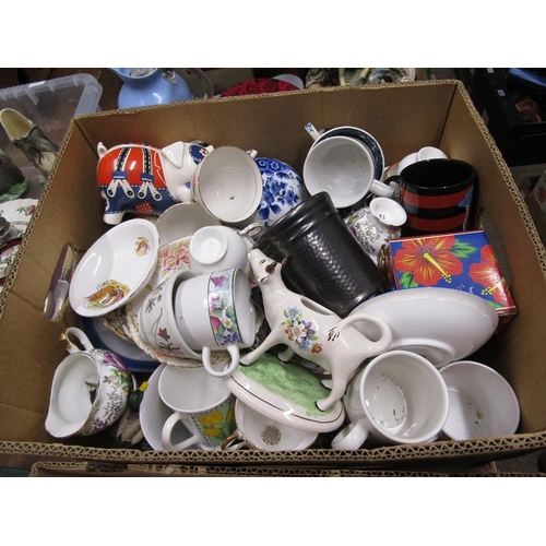 389 - THREE BOXES OF MIXED CHINA, ORNAMENTS ETC. TO INC. ROYAL ALBERT