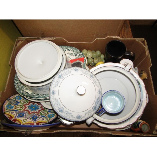 392 - THREE BOXES OF MISC. CHINA, ORNAMENTS, BOX, TINS ETC.