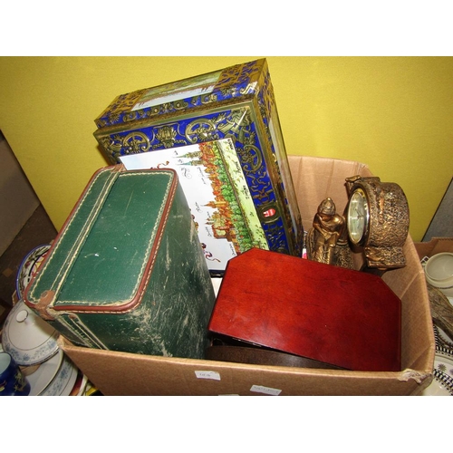 392 - THREE BOXES OF MISC. CHINA, ORNAMENTS, BOX, TINS ETC.