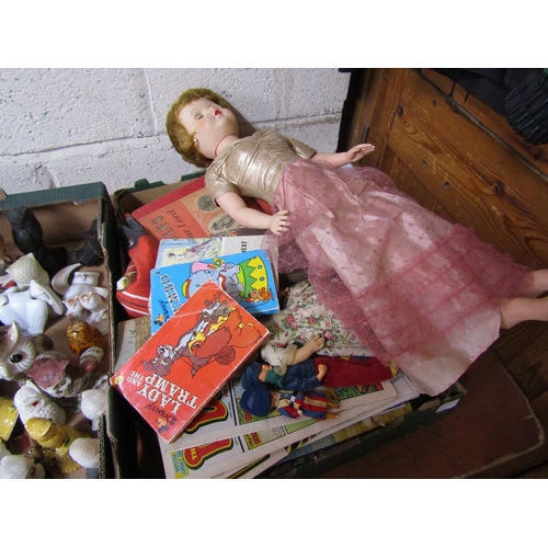 414 - QTY OF COMICS, DANDY ETC, DOLLS, VINTAGE GAMES