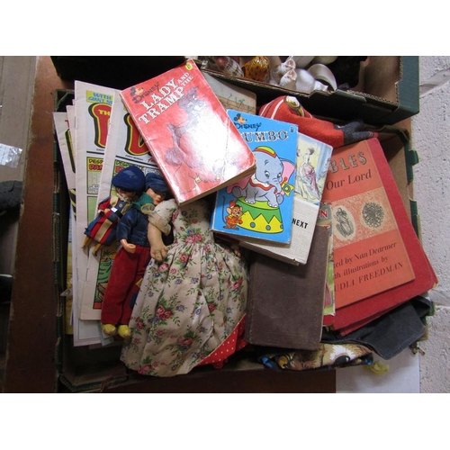 414 - QTY OF COMICS, DANDY ETC, DOLLS, VINTAGE GAMES