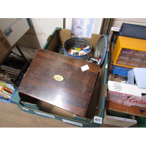 417 - 19c ROSEWOOD WRITING BOX, OLD TIN ETC