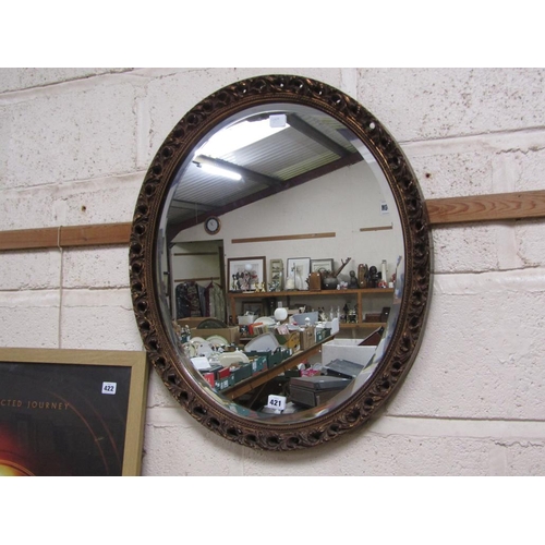 421 - GILT FRAMED OVAL BEVELLED EDGE WALL MIRROR