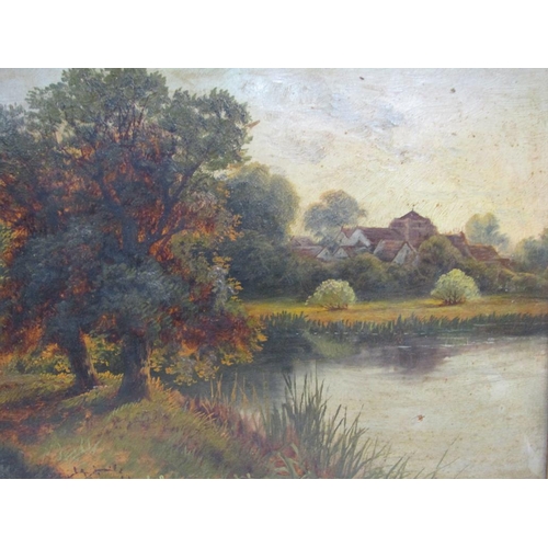 1103 - UNSIGNED 19C COTTAGE IN AN LANDSCAPE WITH RIVER, OIL ON BOARD, FRAMED, 22CM X 29CM