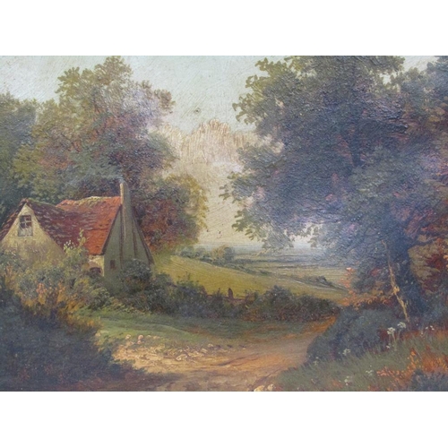 1103 - UNSIGNED 19C COTTAGE IN AN LANDSCAPE WITH RIVER, OIL ON BOARD, FRAMED, 22CM X 29CM