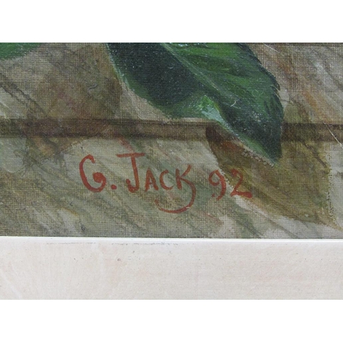 1108 - G JACK 92 - ROSE DISPLAY ON A TABLE, SIGNED OIL ON CANVAS, FRAMED, 60CM X 75CM