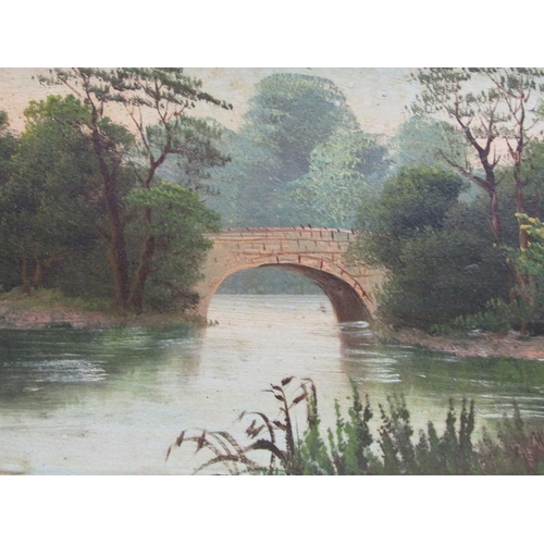 1117 - UNSIGNED LATE 19C - PAIR, RIVERSCAPES, OIL ON BOARD, FRAMED, 25CM X 44CM