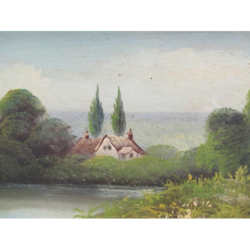 1117 - UNSIGNED LATE 19C - PAIR, RIVERSCAPES, OIL ON BOARD, FRAMED, 25CM X 44CM