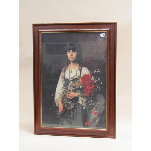 1124 - F/G COLOURED PRINT - YOUNG LADY WITH BOUQUET OF FLOWERS, F/G, 65CMX 44CM