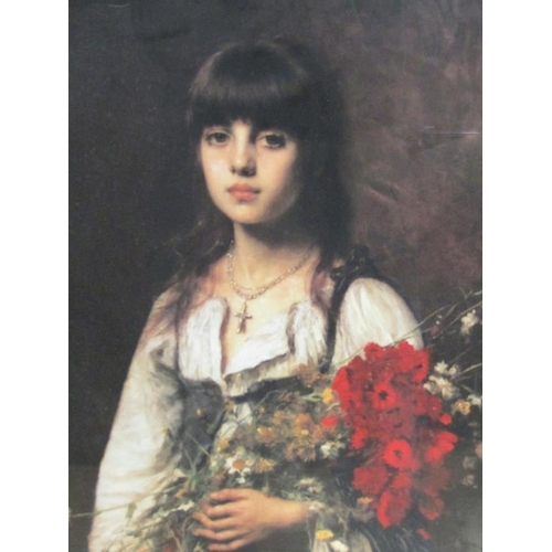 1124 - F/G COLOURED PRINT - YOUNG LADY WITH BOUQUET OF FLOWERS, F/G, 65CMX 44CM