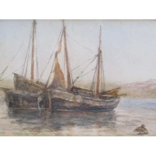 1131 - NELLY OLIVER - BARGES EVENING, PADSTOW, WATERCOLOUR, F/G, 11CM X 18CM