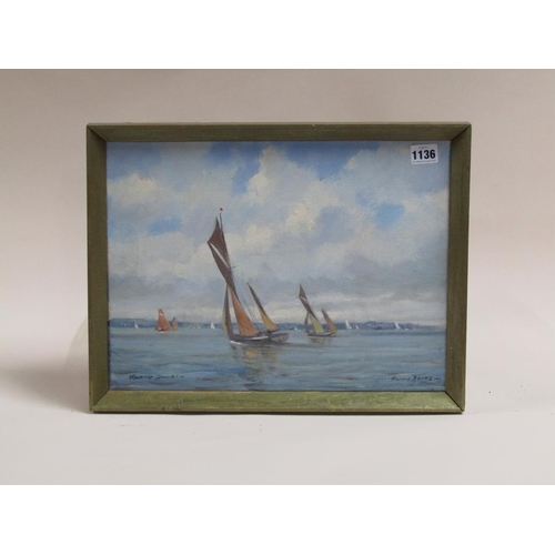 1136 - ROWLAND DAVIES - BARGES IN ESTURARY ON THAMES, OIL ON CANVAS, SIGNED, FRAMED, 29CM X 39CM