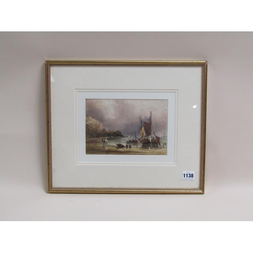 1138 - UNSIGNED LATE 19C - FISHERMAN UNLOADING THE BOATS, WATERCOLOUR, F/G, 15CM X 21CM