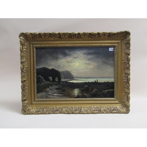 1139 - DUVAL - ROCKY COASTAL SCENE IN THE MOONLIGHT, SIGNED OIL ON CANVAS, FRAMED, 37CM X 60CM