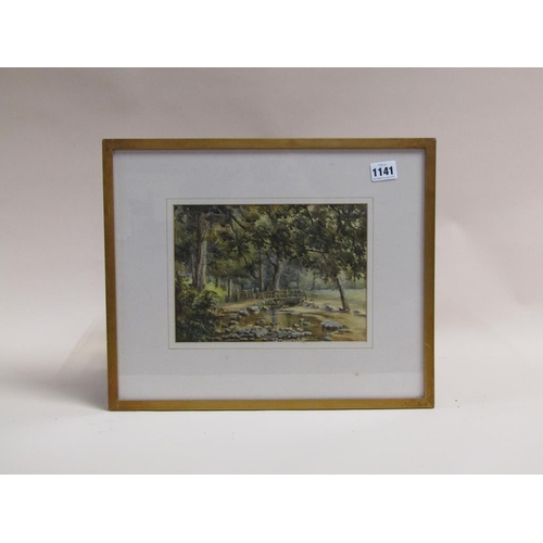 1141 - UNSIGNED - WOODLAND STREAM WITH WOODEN BRIDGE, WATERCOLOUR, F/G, 17CM X 24CM