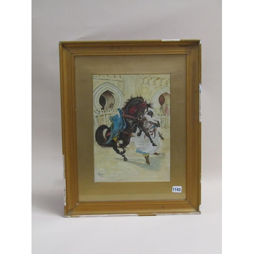 1143 - J HOUGHTON 1927 - WILD PERSIAN HORSE WITH HANDLER, SIGNED WATERCOLOUR, FRAMED, 37CM X 26CM