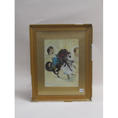 1143 - J HOUGHTON 1927 - WILD PERSIAN HORSE WITH HANDLER, SIGNED WATERCOLOUR, FRAMED, 37CM X 26CM