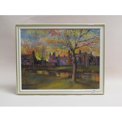 1144 - ROMEO DI GIROLAMO - TOWN SCENE WITH RIVER , SIGNED OIL ON BOARD, FRAMED, 43CM X 61CM