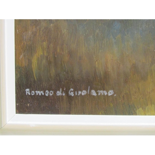 1144 - ROMEO DI GIROLAMO - TOWN SCENE WITH RIVER , SIGNED OIL ON BOARD, FRAMED, 43CM X 61CM